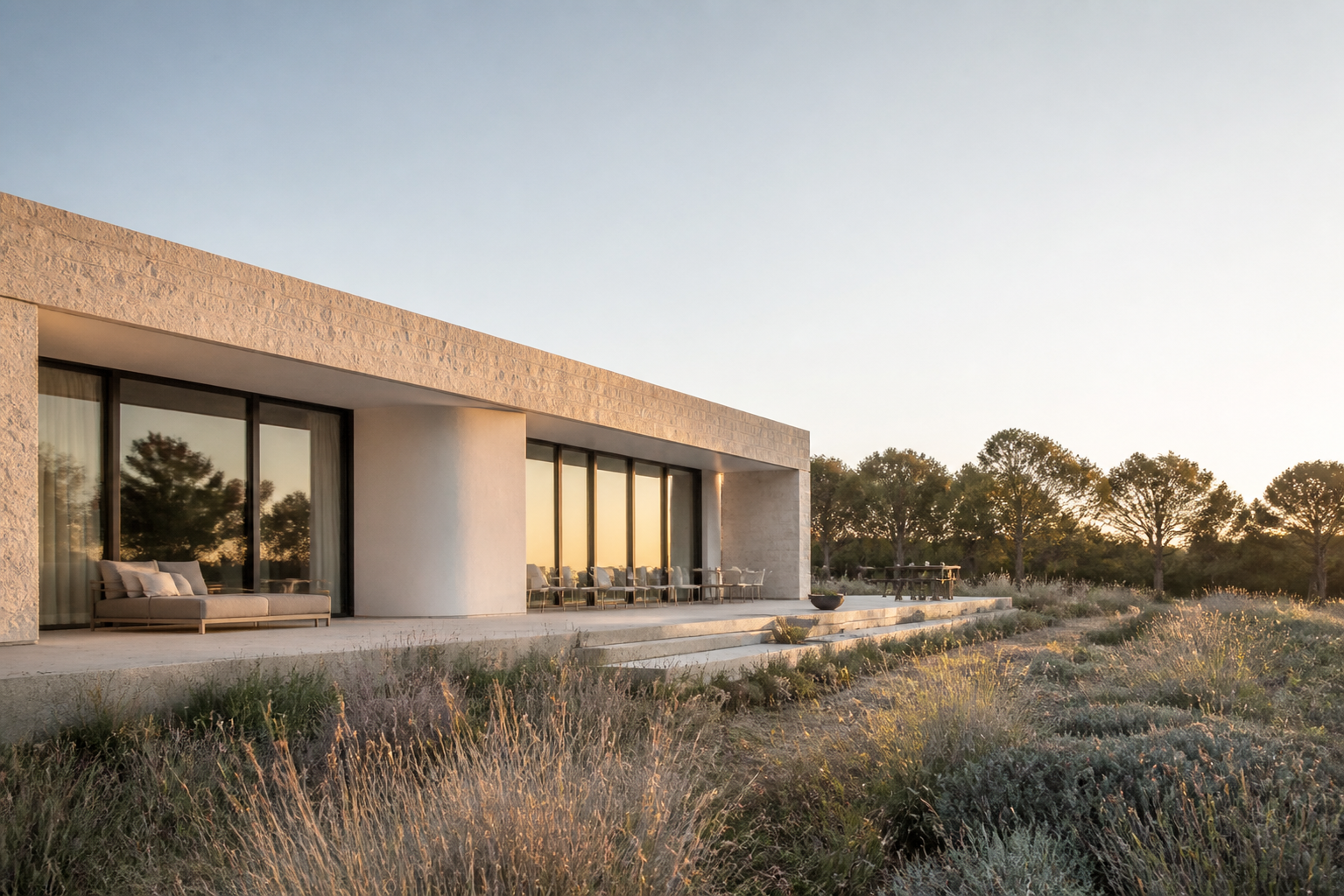 Maison contemporaine photographiée à la première lumière